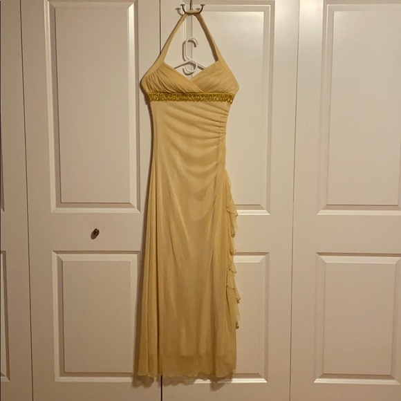 long yellow shimmery dress